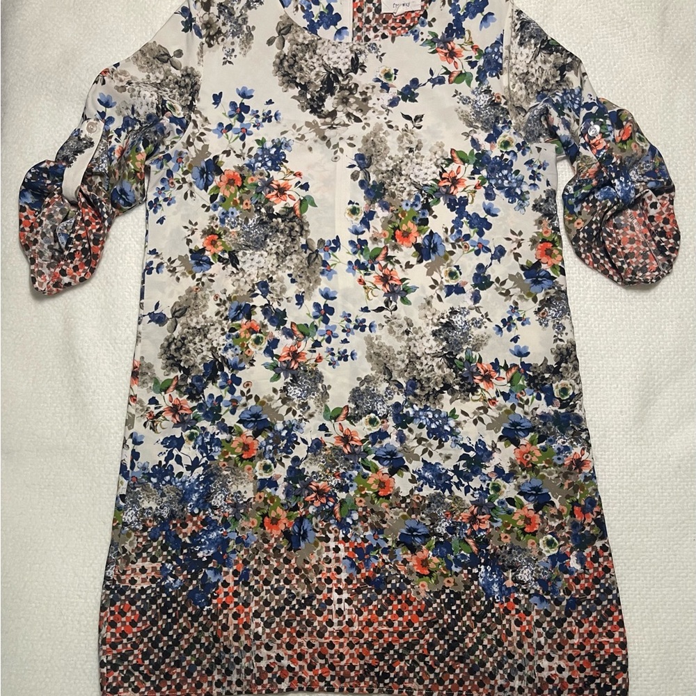 Freeway Women’s Floral Mini Dress - Blue, Orange, Black with Button Sleeves